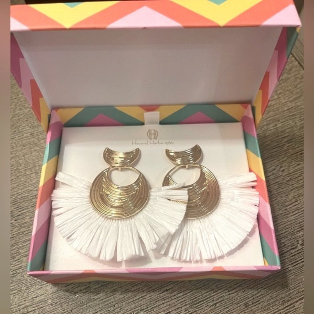House of Harlow Raffia Earrings White Gold Tone Fans Fringe Big Statement Light
